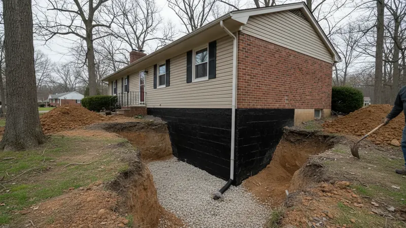 A foundation wall excavated, membraned, and drained to stone Waterproofing work in Howard County, MD.